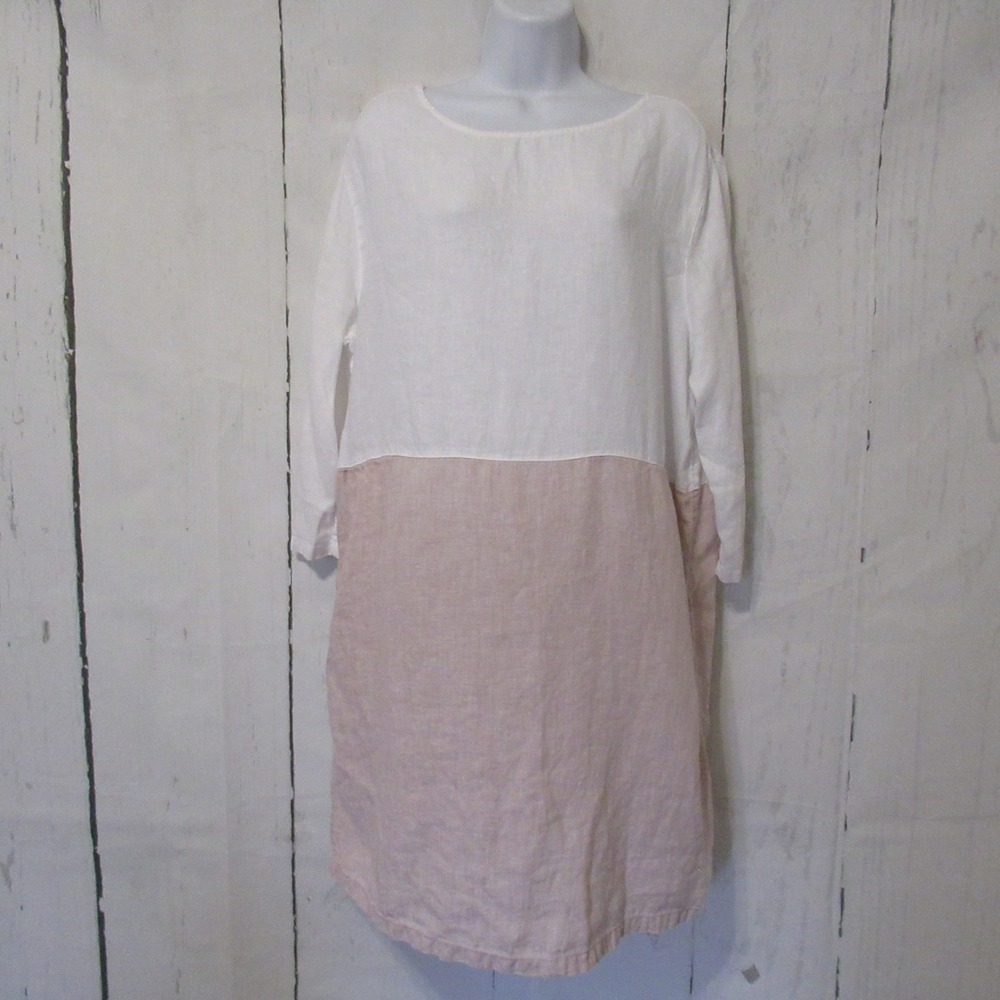 Tahari Dress XL 100% Linen Shirt Popover‎ White Beige Lagenlook Pockets Beach